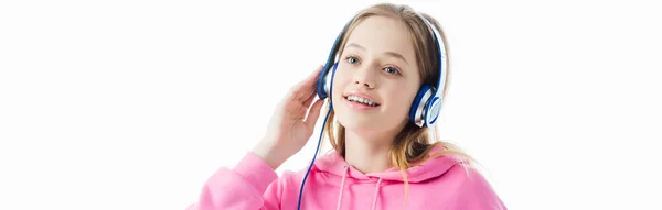 Happy Smiling Teenage Girl Touching Headphones Head Isolated White Panoramic — Stock Photo, Image