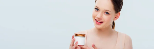 Smiling Teenage Girl Holding Cosmetic Cream Isolated Grey Panoramic Shot — Stock Photo, Image