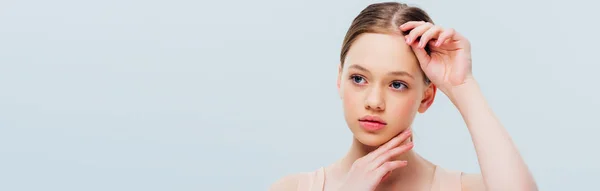 Thoughtful Teenage Girl Touching Face Isolated Grey Panoramic Shot — Stock Photo, Image