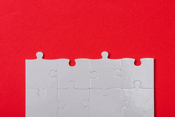 Top View Connected White Jigsaw Puzzle Pieces Isolated Red — Stock Photo, Image