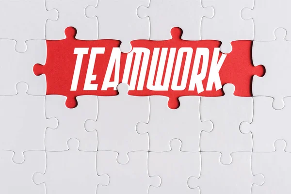 Top View Connected Jigsaw Puzzle Pieces Teamwork Letters — Stock Photo, Image