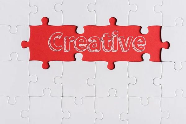 Top View Connected Jigsaw Puzzle Pieces Creative Letters — Stock Photo, Image