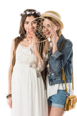 smiling bisexual couple with dreamcatcher isolated on white clipart