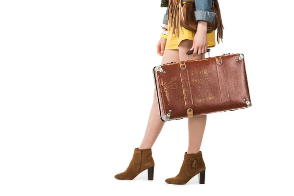 Cropped View Boho Girl Holding Suitcase Isolated White — Stock Photo, Image