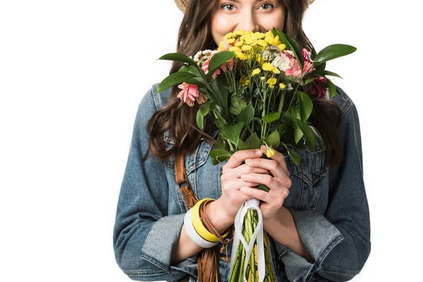 Front View Happy Boho Girl Sniffing Flowers Isolated White — Stock Photo, Image