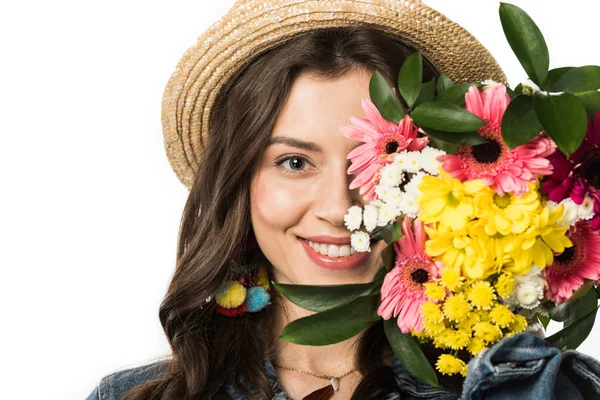 Front View Smiling Happy Boho Girl Straw Hat Holding Flowers — Stock Photo, Image
