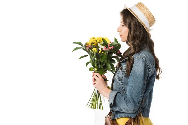 Side View Boho Flicka Halm Hatt Hålla Blommor Isolerade Vitt — Stockfoto