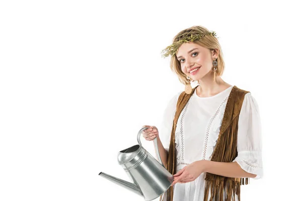 Beautiful Boho Girl Holding Watering Can Isolated White — Stock Photo, Image