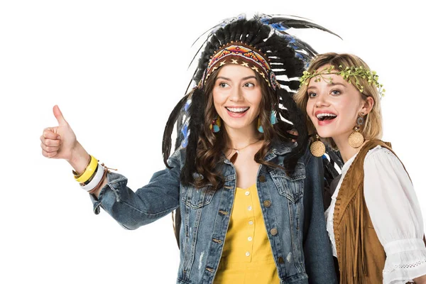 Two Bisexual Hippie Girls Indian Headdress Wreath Showing Thumb Isolated — Stock Photo, Image