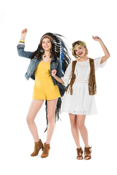 Visão Comprimento Total Duas Meninas Hippies Bissexuais Cobertura Para Cabeça — Fotografia de Stock