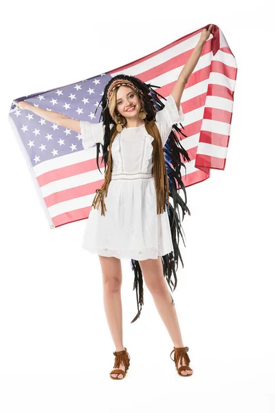 Full Length View Happy Hippie Girl Indian Headdress Holding American — Fotografie, imagine de stoc