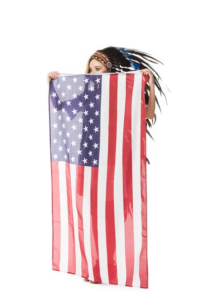 Volle Länge Ansicht Von Mädchen Indischer Kopfbedeckung Mit Amerikanischer Flagge — Stockfoto