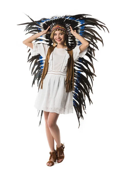 Full Length View Smiling Woman Indian Headdress Isolated White — Stock Photo, Image