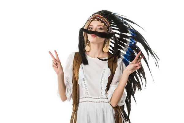 Pretty Boho Girl Indian Headdress Showing Peace Signs Isolated White — Stock Photo, Image