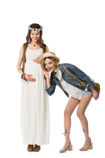 Full Length View Bisexual Hippie Couple Expecting Baby Isolated White — Stock Photo, Image