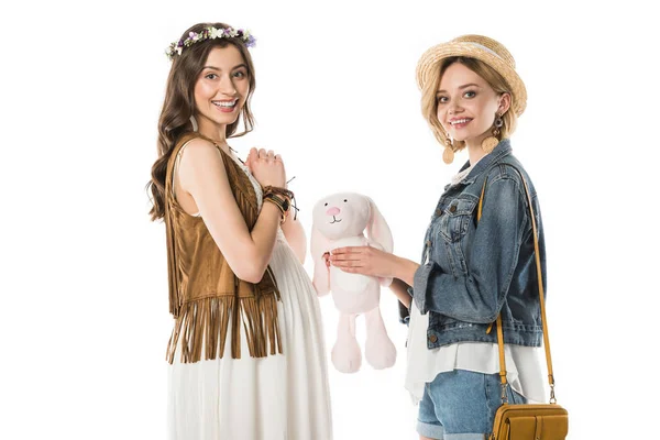 Hippie Girl Giving Toy Rabbit Pregnant Girlfriend Isolated White — Stock Photo, Image