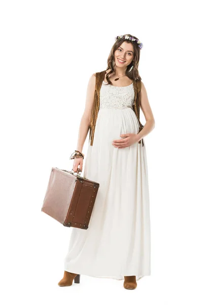 Full Length View Smiling Pregnant Woman Wreath Suitcase Isolated White — Stock Photo, Image