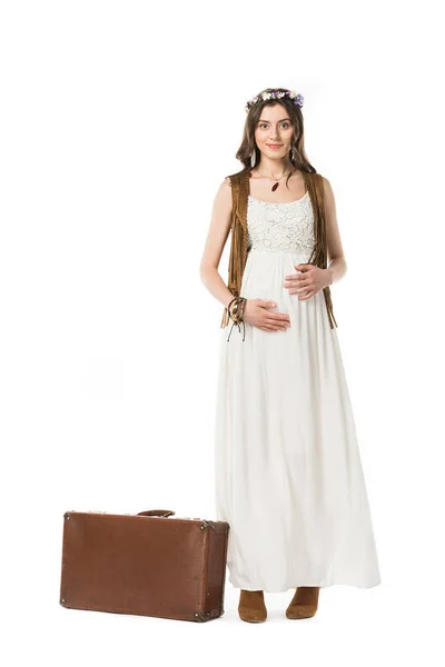 Full Length View Smiling Pregnant Woman Wreath Suitcase Isolated White — Stock Photo, Image