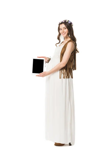 Full Length View Smiling Pregnant Hippie Woman Holding Digital Tablet — Stock Photo, Image