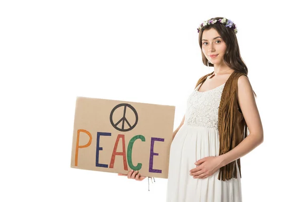 Mulher Hippie Grávida Segurando Cartaz Com Inscrição Isolada Branco — Fotografia de Stock