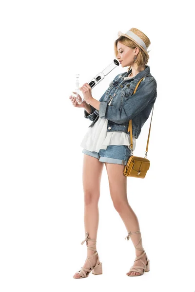 Full Length View Stylish Hippie Girl Smoking Bong Isolated White — Stock Photo, Image