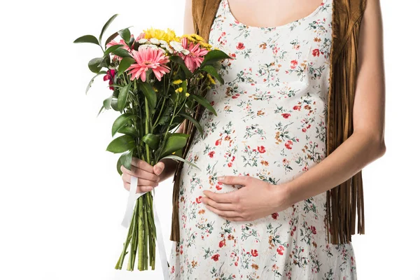 Cropped View Pregnant Woman Holding Bouquet Touching Belly Isolated White — Stock Photo, Image