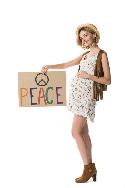 Visão Comprimento Total Mulher Hippie Grávida Segurando Cartaz Com Inscrição — Fotografia de Stock