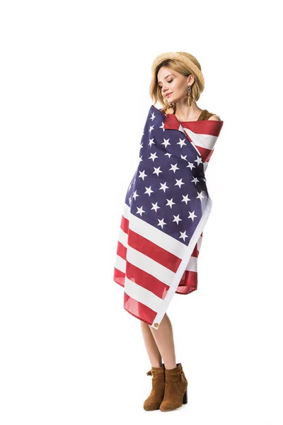 Vista Longitud Completa Niña Sosteniendo Bandera Americana Aislada Blanco — Foto de Stock