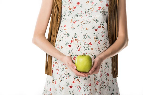 Vista Recortada Mujer Embarazada Sosteniendo Manzana Verde Aislado Blanco — Foto de Stock