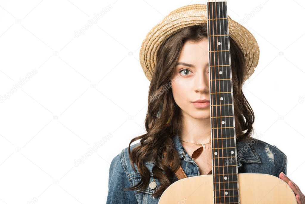 front view of charming hippie girl with acoustic guitar isolated on white