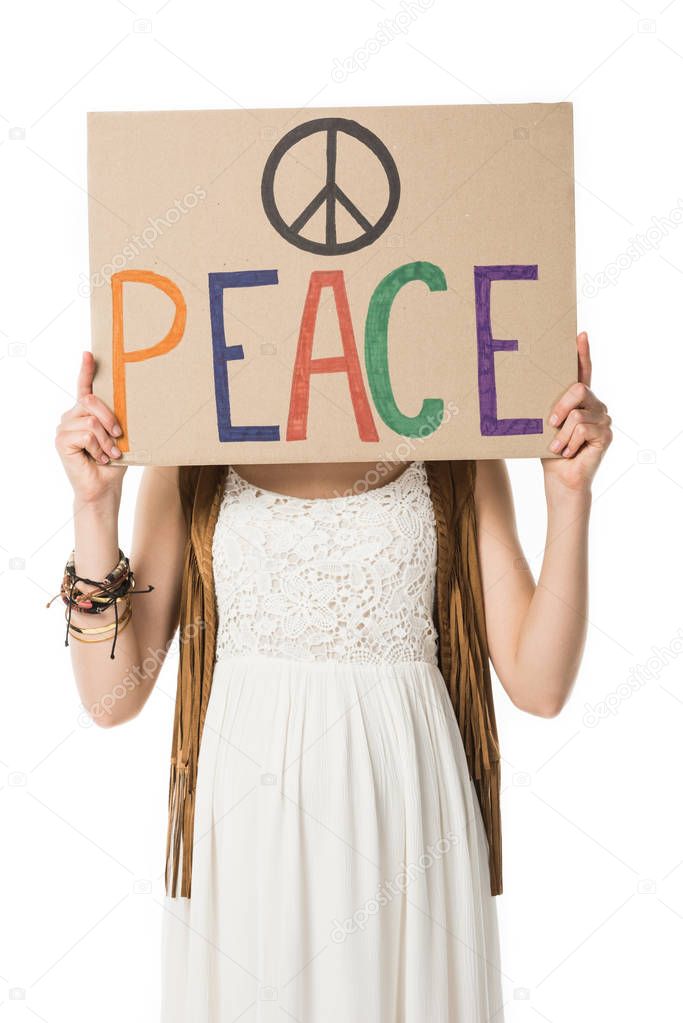 pregnant hippie woman holding placard with inscription isolated on white