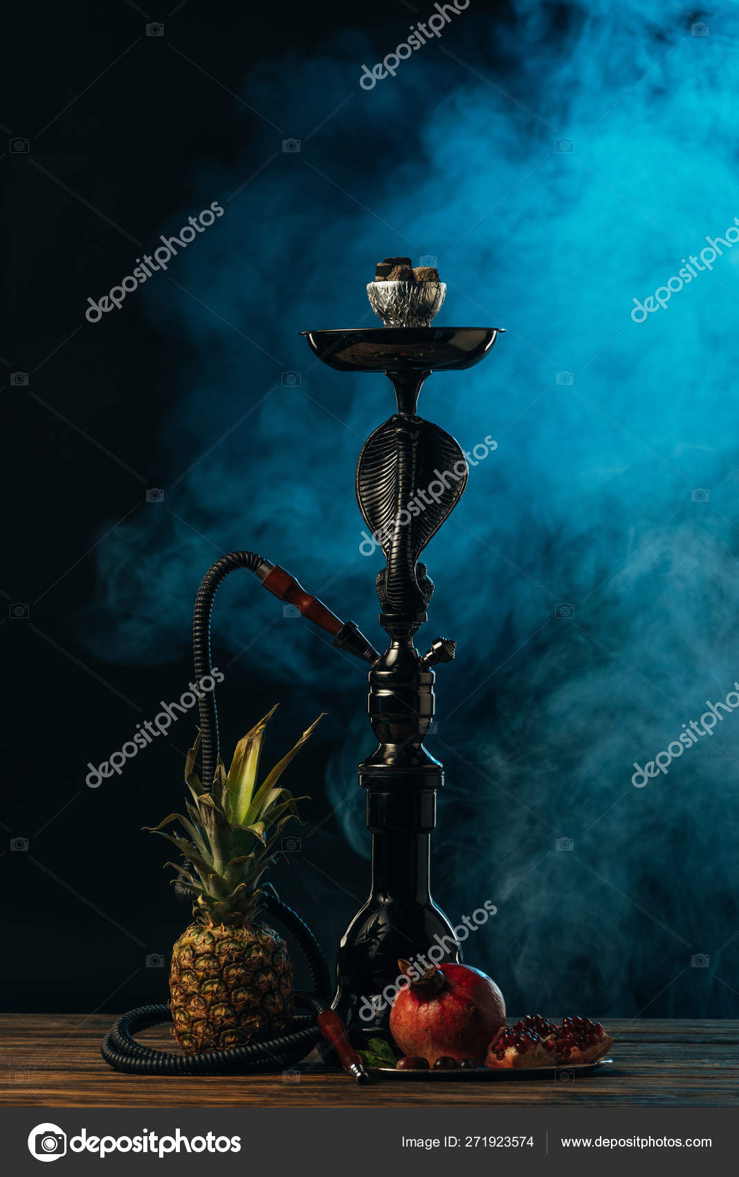 Hookah Exotic Fruits Wooden Surface Blue Smoke Stock Photo by