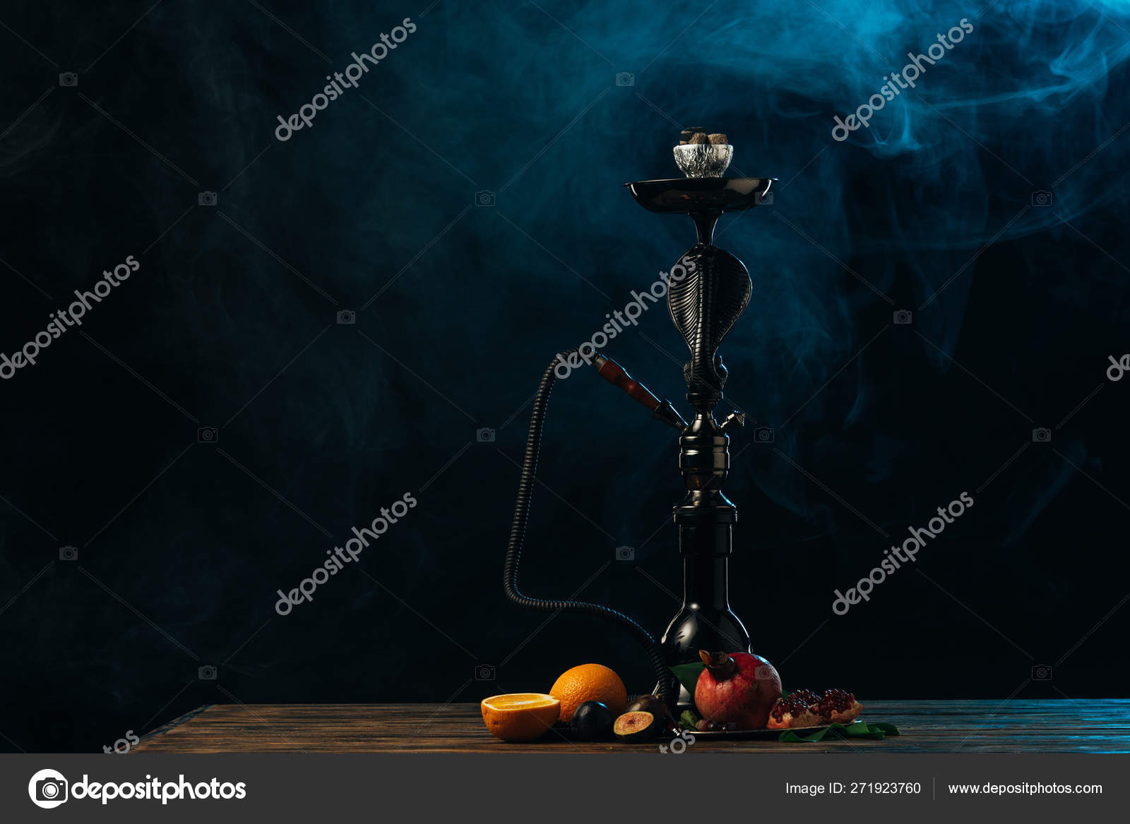 Hookah Exotic Fruits Wooden Surface Blue Smoke Stock Photo by