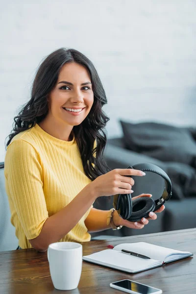 Pretty Radio Host Holding Headphones Smiling Camera Broadcasting Studio — Stock Photo, Image