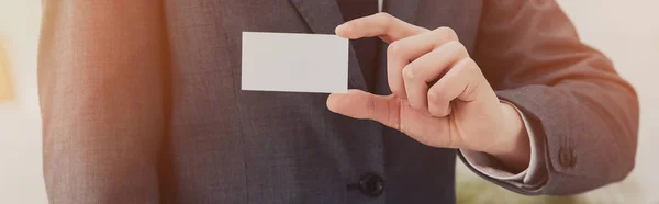 Cropped View Businessman Holding White Empty Business Card Panoramic Shot — Stock Photo, Image