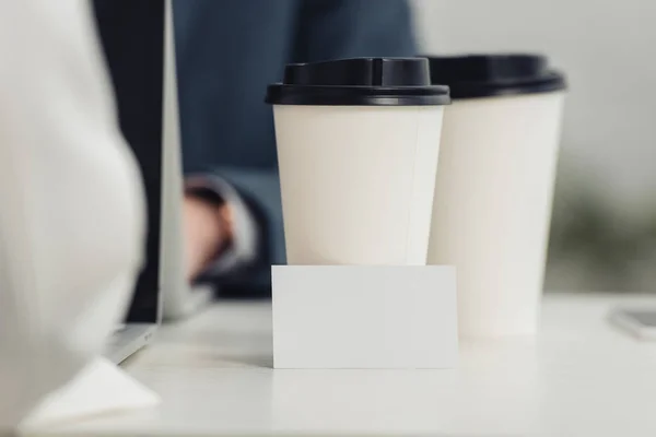 Selective Focus Blank Business Card Disposable Cups Table Businesspeople Using — Stock Photo, Image