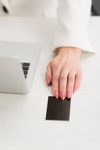 Partial View Businesswoman Touching Black Empty Business Card While Sitting — Stock Photo, Image