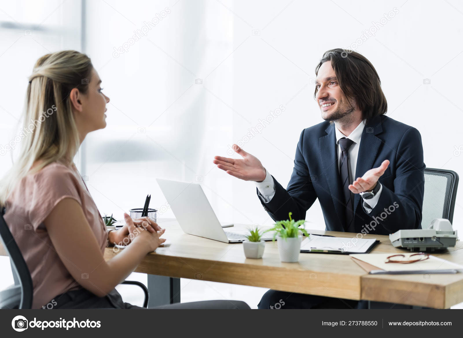 Selective Focus Cheerful Businessman Talking Client Office Stock Photo