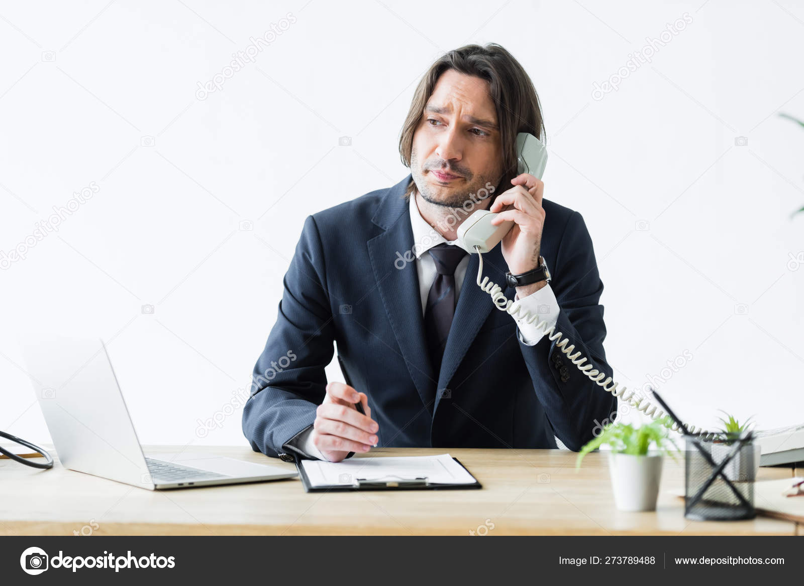 Sad Businessman Talking Phone Looking Away Stock Photo