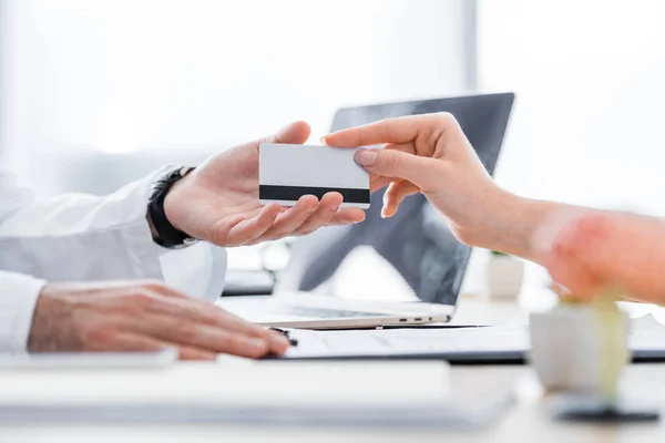 Partial View Patient Giving Credit Card Doctor Clinic — Stock Photo, Image