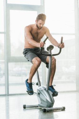 handsome sportsman training on elliptical machine at gym with sunshine clipart