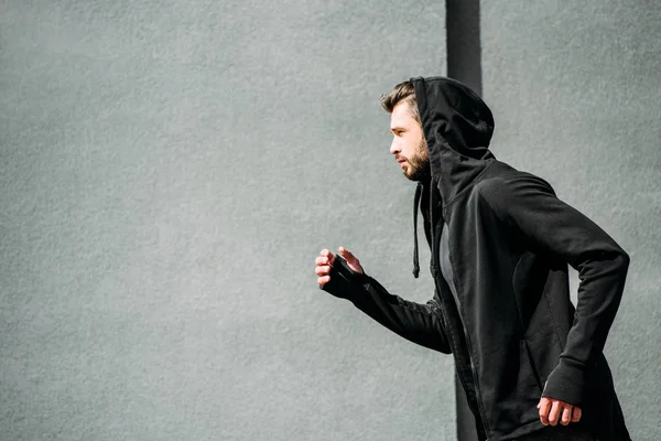 Handsome Sportsman Running Grey Copy Space — Stock Photo, Image