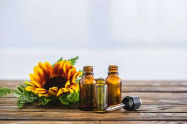 bottles with essential oils, dropper and sunflower on white background clipart