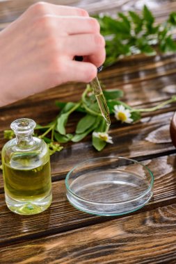 partial view of woman holding dropper near bottle with essential oil and glass bowl on wooden surface clipart