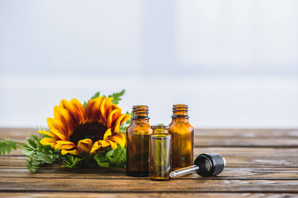 bottles with essential oils, dropper and sunflower on white background