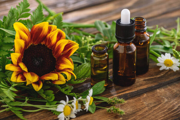 sunflower, chamomile flowers and bottles with essential oils on wooden surface