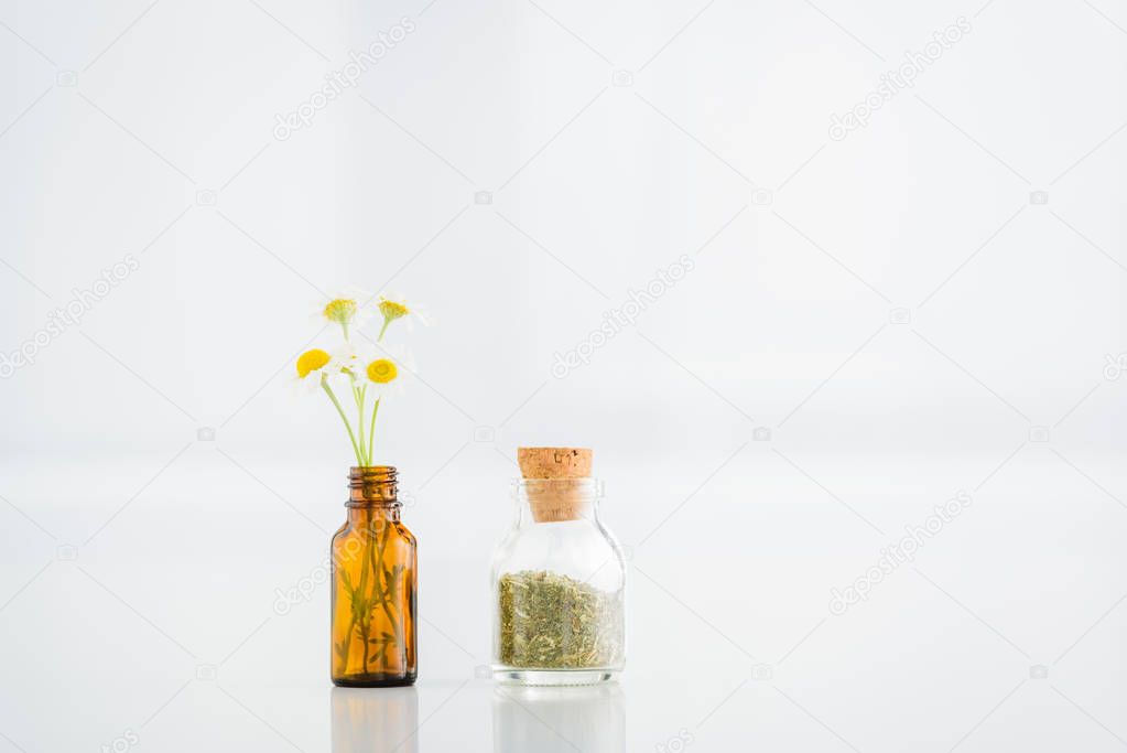 corked jar with dried herbs near glass bottle with chamomile flowers on white background with copy space