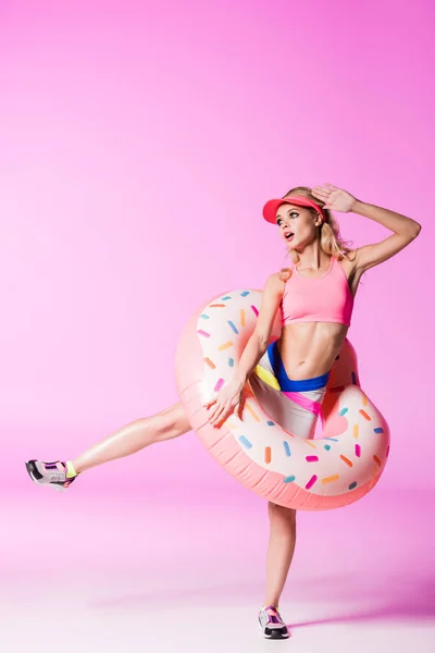 Beautiful Girl Inflatable Doughnut Swim Ring Pink Doll Concept — Stock Photo, Image