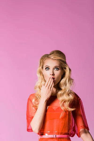 Beautiful Surprised Fashionable Girl Covering Mouth Isolated Pink Doll Concept — Stock Photo, Image