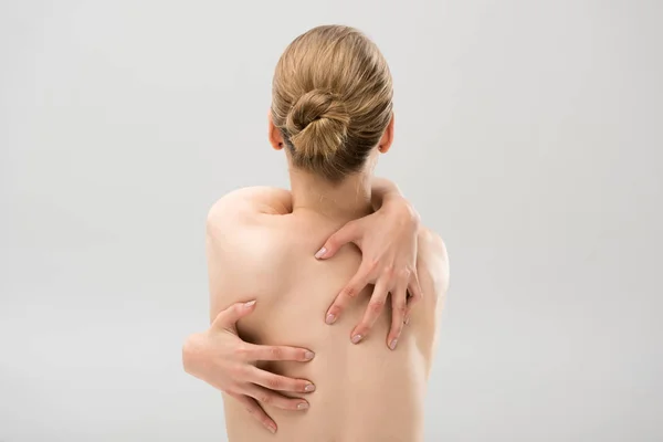 Back View Naked Woman Embracing Herself Isolated Grey — Stock Photo, Image